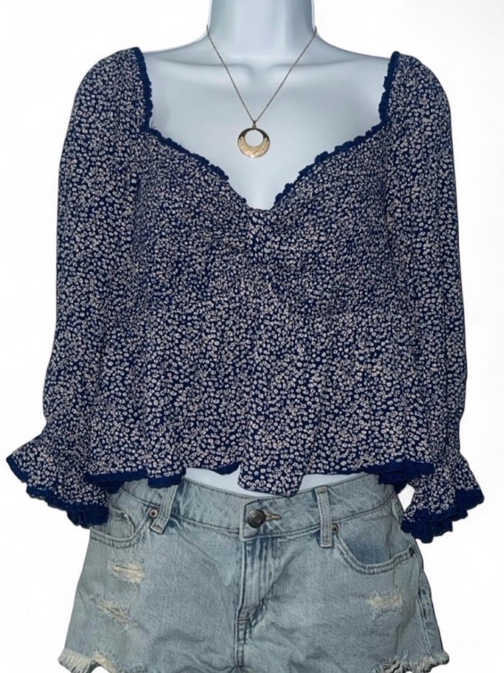 Free People Navy Micro Floral Ruffle Sweetheart Top